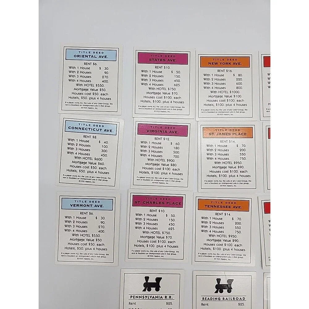 Vtg 1990's Monopoly Property Deeds 28 Cards COMPLETE- Used